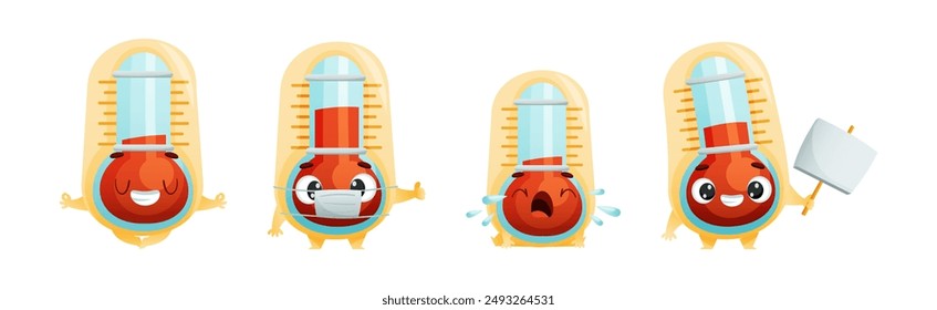Cartoon Thermometer Character in Different Pose and Action Vector Set