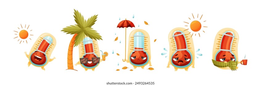 Cartoon Thermometer Charakter in verschiedenen Pose und Action Vektorgrafik Set