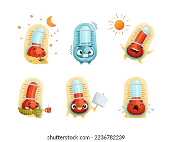 Cartoon Thermometer Character Engaged in Different Activity Vector Set