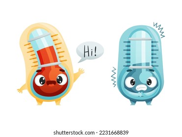 Cartoon Thermometer Character Greeting Saying Hi and Freezing with Cold Vector Set