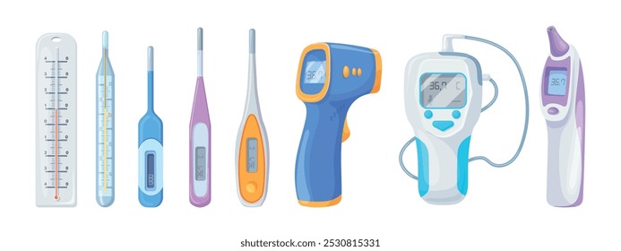 Cartoon thermometers. Clinical digital electronic and mercury thermometer, medical or indoor outdoor weather measure temperature, health medical checking neat vector illustration original artwork