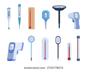 Termómetros de dibujos animados. Diferentes tipos de termómetros. Mida el equipo de la temperatura para la medicina, cocinar, industrial, Clima, sistema de Vector sapid