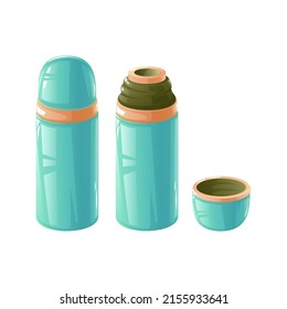 Cartoon thermos. Blue camping thermos.