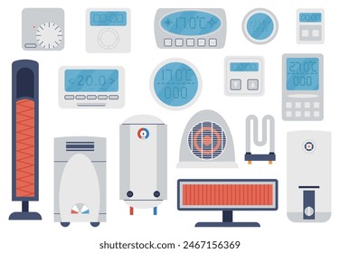 Cartoon thermostat and heating systems. Flat radiator icons, cooling controllers and indicators. Smart house elements, climate control decent vector set