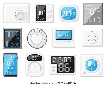 Cartoon thermostat. Smart home heating and cooling controller, thermometer with rotary knob and buttons. House climate control vector set of smart home thermostat illustration - Shutterstock ID 2219248107