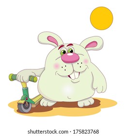 Cartoon thick, merry hare with a scooter goes for a walk in a sunny day.