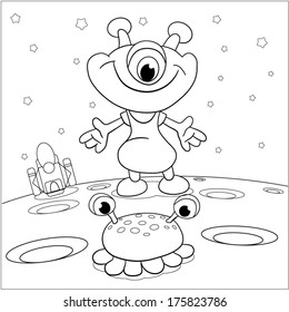 Cartoon thick, merry a martian meets an alien beast on a background space in stars. For coloring-book.