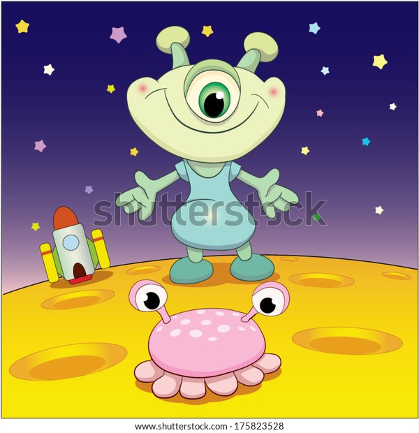 Cartoon thick, merry a martian meets an alien\
beast on a background space in\
stars.