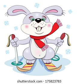 Cartoon thick, merry sportsman hare on skiers goes for a walk in a snow day. For coloring-book.
