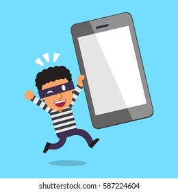 Cartoon thief and big smartphone