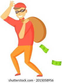 Cartoon Thief Carrying Big Money Bag. Man Walking Carefully, Bandit Carries Sack With Money. Funny Burglar Isolated On White. Dangerous Criminal Insidious Cunning Thief Dressed In Dark Mask Fast