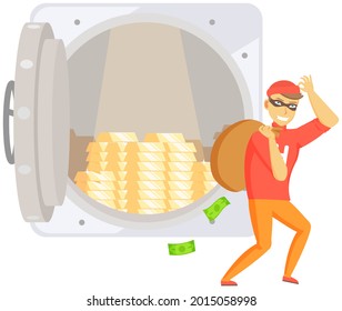 Cartoon thief carrying big money bag. Man walking carefully, bandit carries sack with money. Funny burglar stealing money from bank vault. Dangerous criminal thief takes banknotes out of bank
