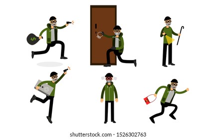 Cartoon Thief Character In Vector Illustration Set Isolated On White Background
