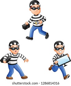 Cartoon thief in a collection of different actions
