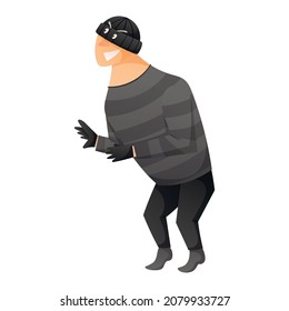 A cartoon thief or crook in black clothes, balaclava or hat and gloves sneaks on tiptoe and smiles.