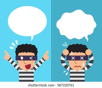 Cartoon thief expressing different emotions with speech bubbles