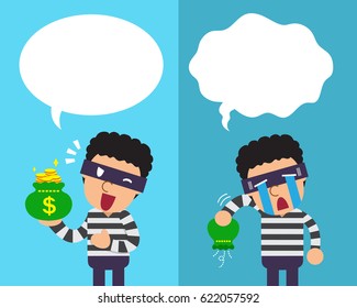 Cartoon thief expressing different emotions with speech bubbles
