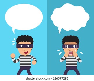 Cartoon thief expressing different emotions with white speech bubbles