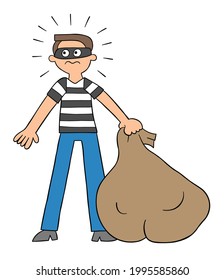 Cartoon thief has a sack in his hand and has been caught, vector illustration. Colored and black outlines.