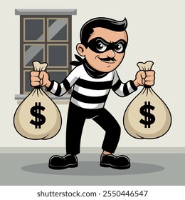 Cartoon thief holding money bags in striped outfit.