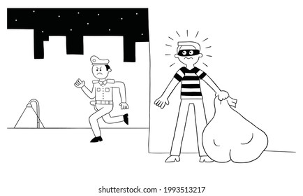 Cartoon thief man is hiding behind the wall, the police are looking for him, vector illustration. Black outlined and white colored.