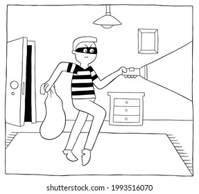 Cartoon thief man in the house at night and walks with a flashlight, vector illustration. Black outlined and white colored.