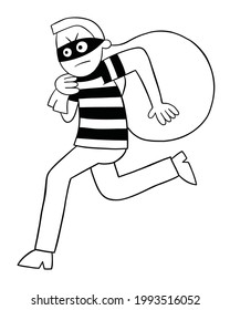 Cartoon Thief Man Running Away With Sack, Vector Illustration. Black Outlined And White Colored.