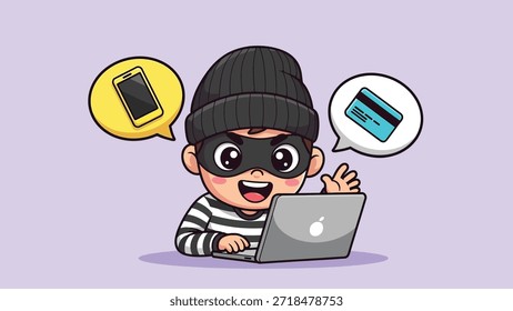 Ladrón de dibujos animados con máscara y gorro usando una computadora portátil, con burbujas de discurso que muestran iconos de teléfonos inteligentes y tarjetas de crédito, que representan el robo de datos en línea y el cibercrimen.