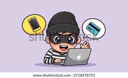 Cartoon thief in mask and beanie using a laptop, with speech bubbles showing smartphone and credit card icons, representing online data theft and cybercrime.