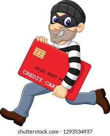 Cartoon thief in a mask stealing a bank credit card and running