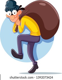 Cartoon Thief With Money Bag Vector Illustration. Funny Robber Burglar Trying To Get Away With The Prey
