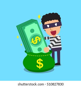Cartoon thief opens a bag that has big money stack