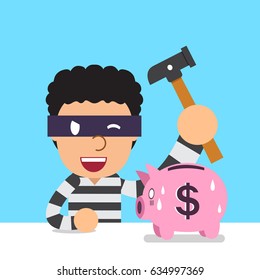 Cartoon thief with piggy bank