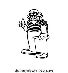 Cartoon thief robber character poses with thumbs up sign and knife vector illustration sketch hand drawn with black lines, isolated on white background