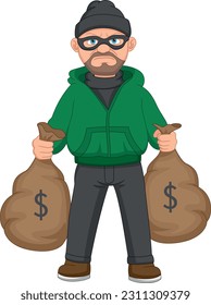cartoon thief running away  and carrying bag