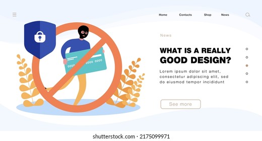 Cartoon thief stealing big credit card. Criminal in mask and stop symbol, financial protection from fraud flat vector illustration. Security, crime concept for banner, website design or landing page