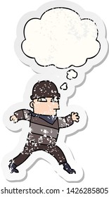 ladrón de caricaturas con burbuja de pensamiento como pegatina gastada angustiada