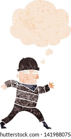 cartoon thief with thought bubble in grunge distressed retro textured style