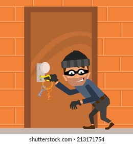  cartoon thief tries to break down the door. vector illustration in a flat style.