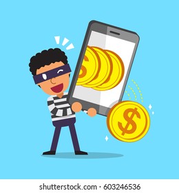 Cartoon thief using smartphone to earn money