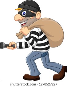 Cartoon Thief walking and carrying a bag with flashlight