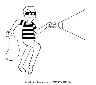 Cartoon thief walks with sack and flashlight, vector illustration. Black outlined and white colored.