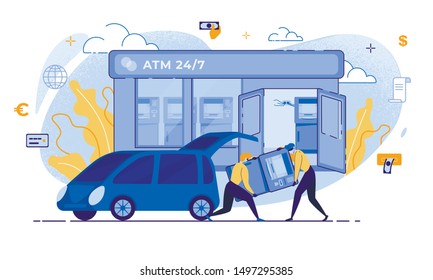 Cartoon Thieves Carry ATM to Car Vector Illustration. Man in Mask Robber Character. Burglar Steal Money. Bank Terminal Robbery Danger Concept. Financial Crime, Cash Theft, Banking Vulnerabilities