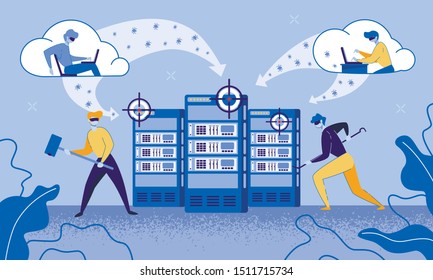 Cartoon Thieves in Mask Damage Datacenter Vector Illustration. Man Hacker Hacking Server Database Concept. Cyber Crime, Spy Software, Computer Fraud. Internet Security, Server Safety