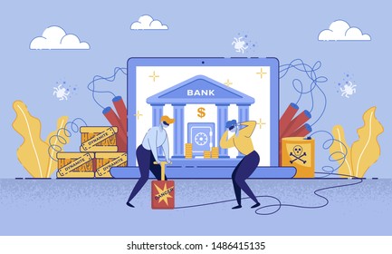 Cartoon Thieves in Mask Explode Dynamite, Bank on Notebook Screen Vector Illustration. Internet Banking Robbery Concept. Men Steal Money, Cyber Crime, Online Fraud, Account Hacking