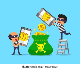Cartoon thieves using smartphones to earn money