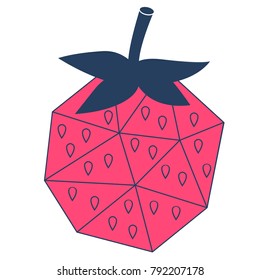 Cartoon thin line polygonal strawberry with leaves and seeds. Triangular, Geometrical berry isolated on white background. Vector illustration.