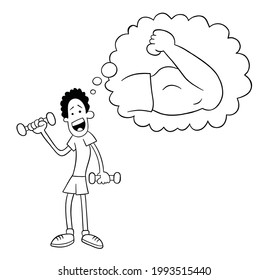 Cartoon thin man dreams of building arm muscle by lifting dumbbells, vector illustration. Black outlined and white colored.
