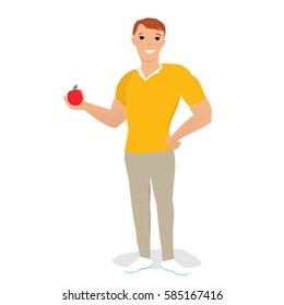 Cartoon thin man with red apple. Weight loss. Healthy eating. Vector illustration