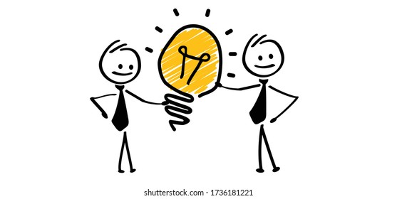 Cartoon think big idea lamp with brain. Happy stickman and light bulb or chaos icon. Comic stick figures and scribbles man. Vector bulb an idea concept sign. Thinking or brainstorming ideas brain.